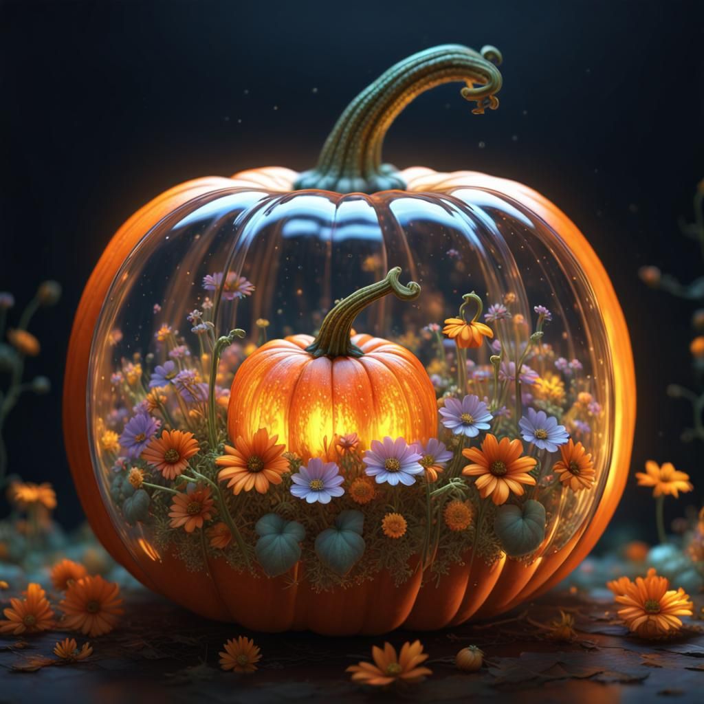Transparent Pumpkin with Floating Flowers, Digital Art