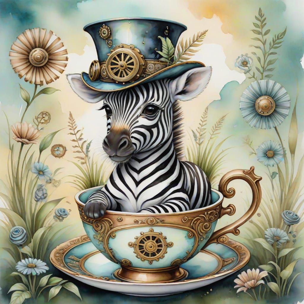Watercolor Steampunk Zebra in Teacup