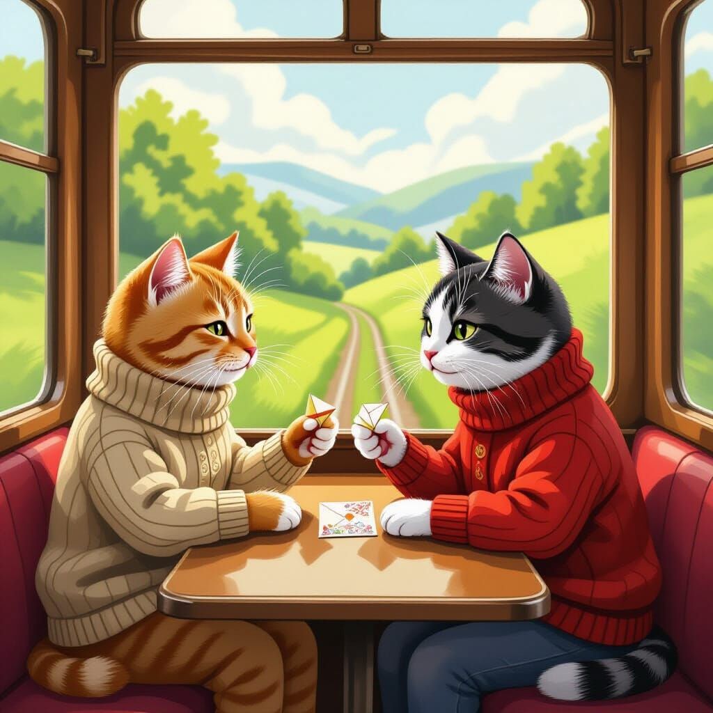Cats Exchange Notes on a Train in Whimsical Style
