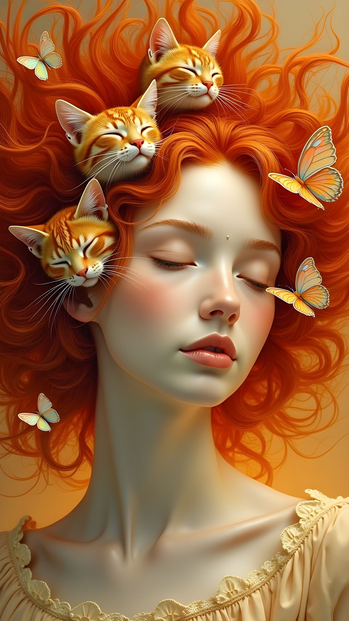 Surreal Woman Portrait with Cats and Butterflies