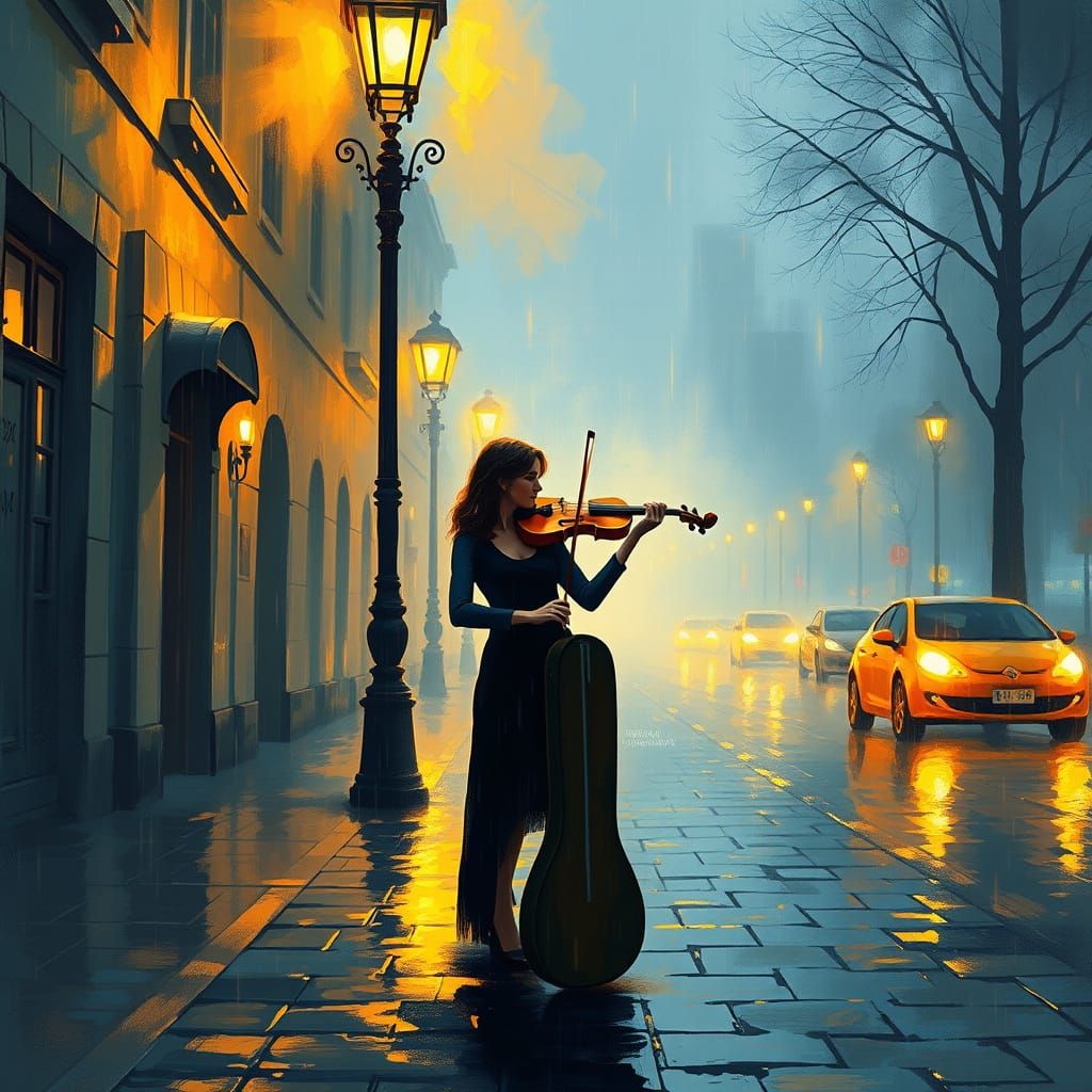 Violinist Lost in Rainy Nighttime Scene