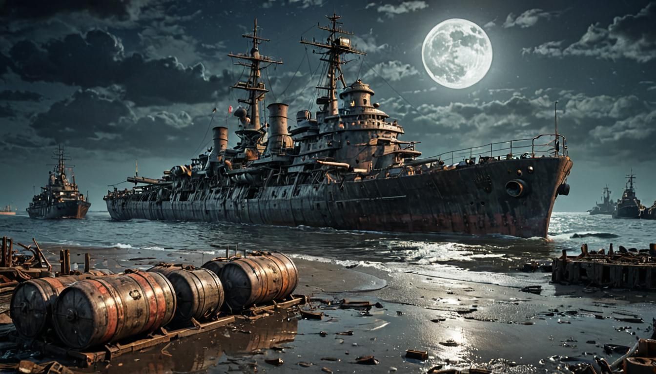 Dieselpunk Wasteland Port with Battleship