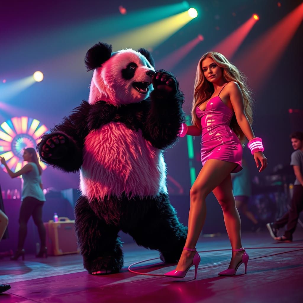 "A large, cute panda is dancing at a disco next to a young w...