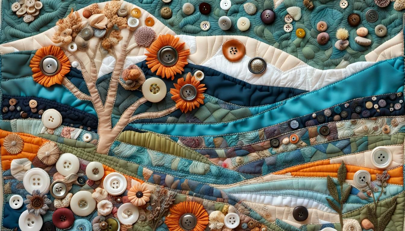 Botanical Quilt Landscape in Mixed Media Collage