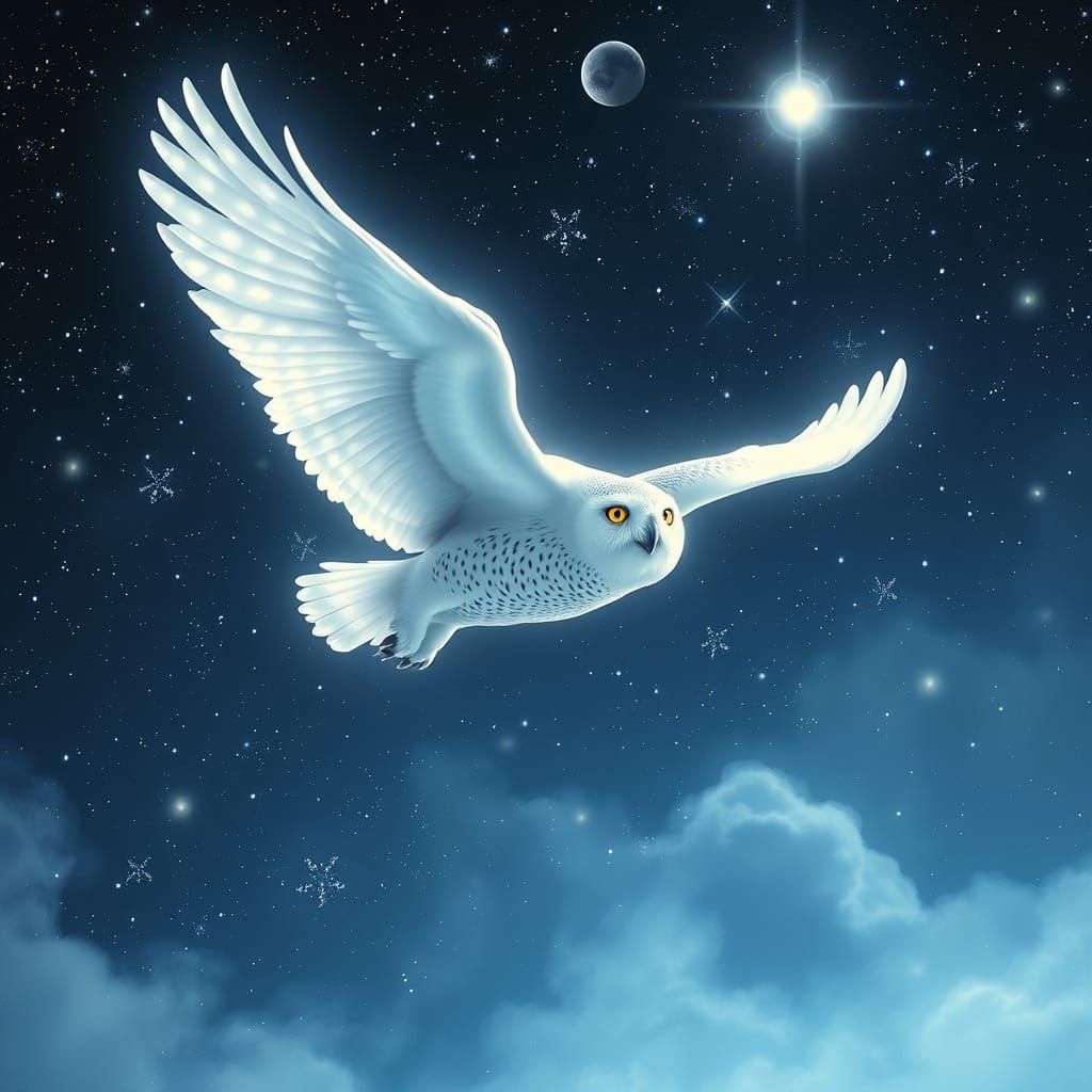 Ethereal Snowy Owl Soars Through Cosmic Night Sky