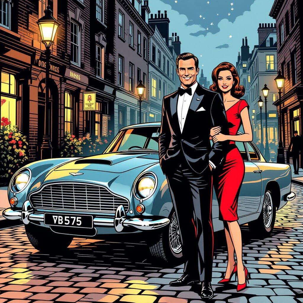 James Bond & Friend Beside Aston Martin in Retro Comic Style