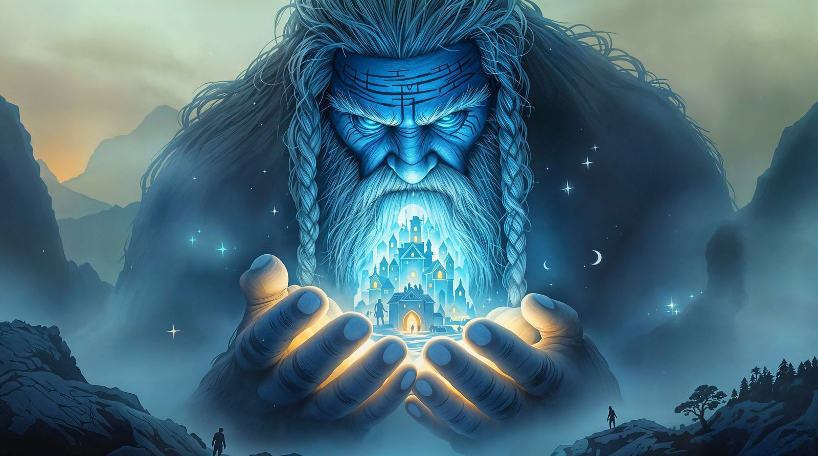 Elder Giant in Nordic Fjord Landscape, Silhouettes and Cutou...