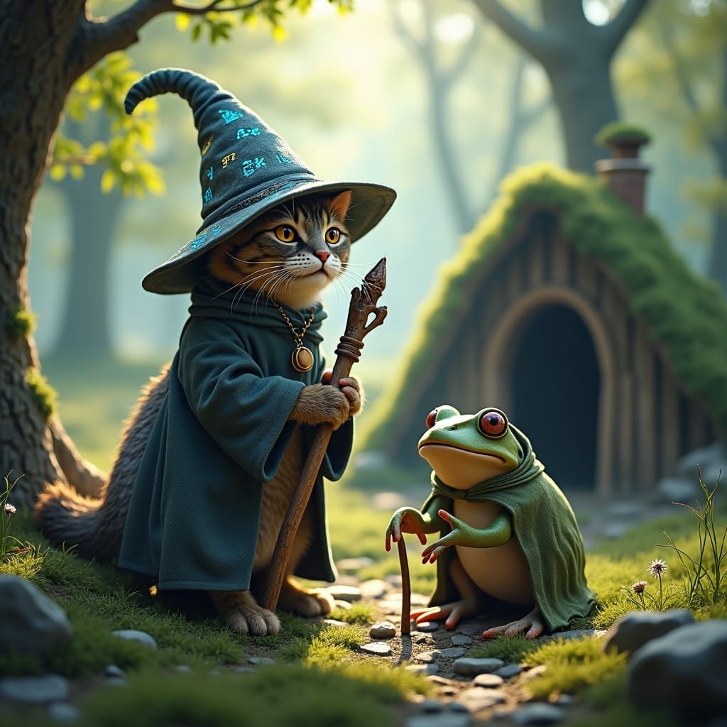Cat Wizard Meets Frog Builder in Forest Glade