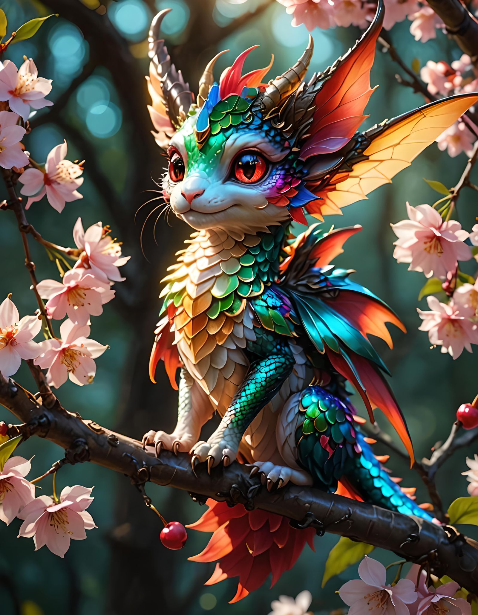Multichromatic Fairy Dragon on Cherry Branch