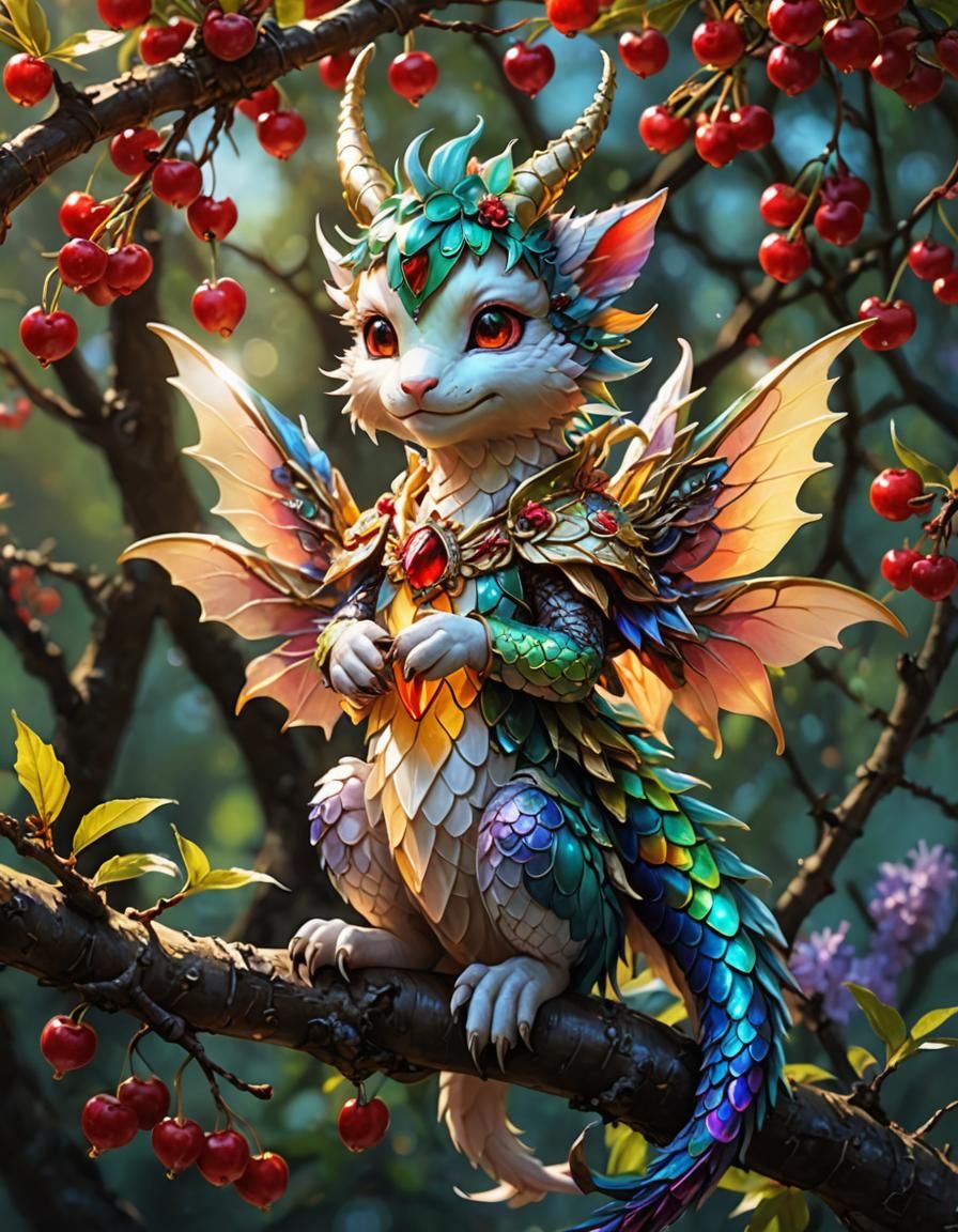 Multichromatic Fairy Dragon on Cherry Branch