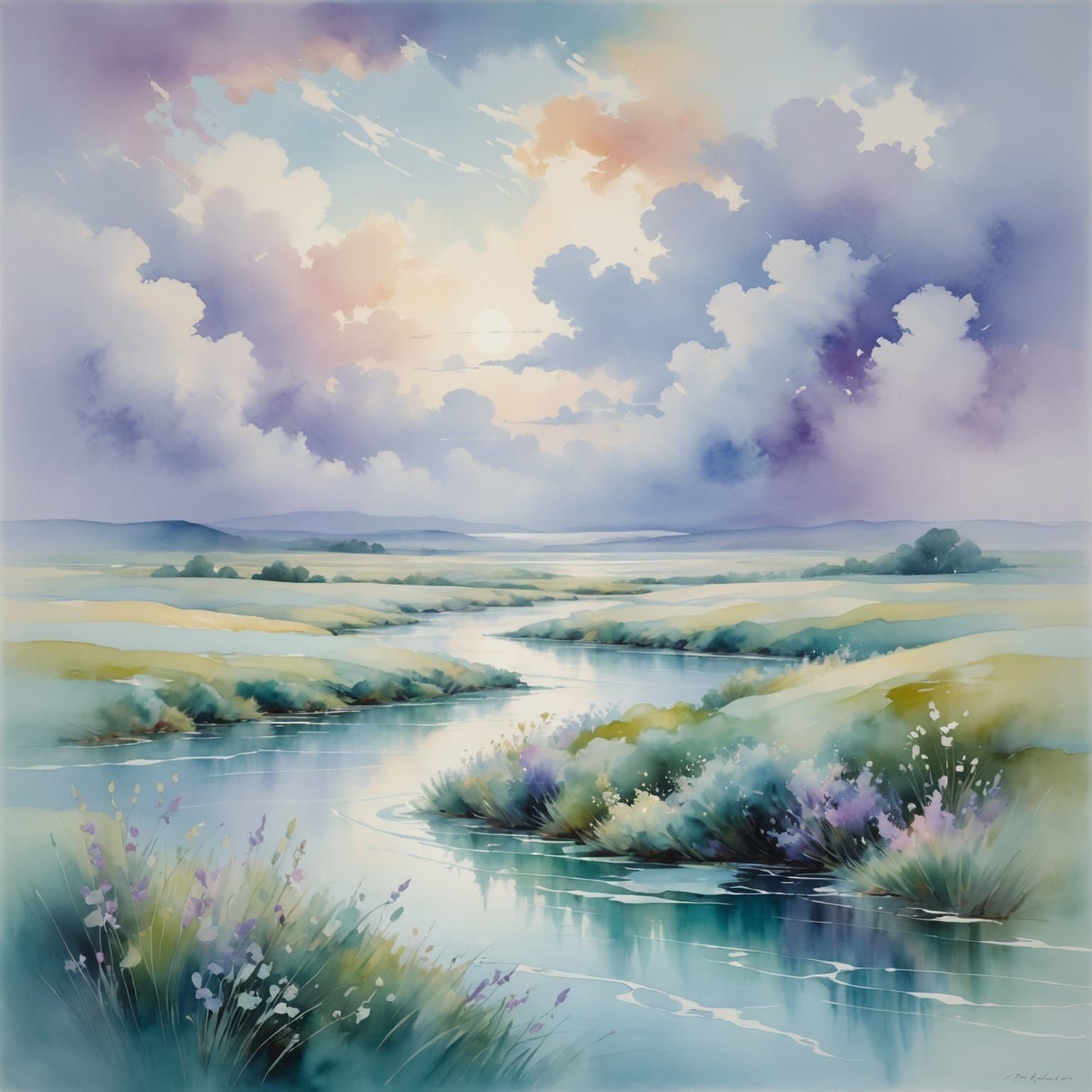Abstract Pastel Landscape of Clouds and Water