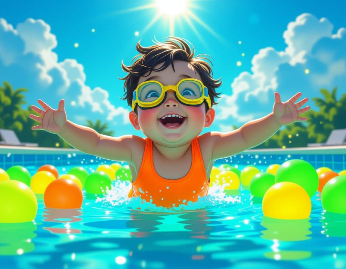 Boy Jumps into Neon Pool: Hyperrealistic Digital Art