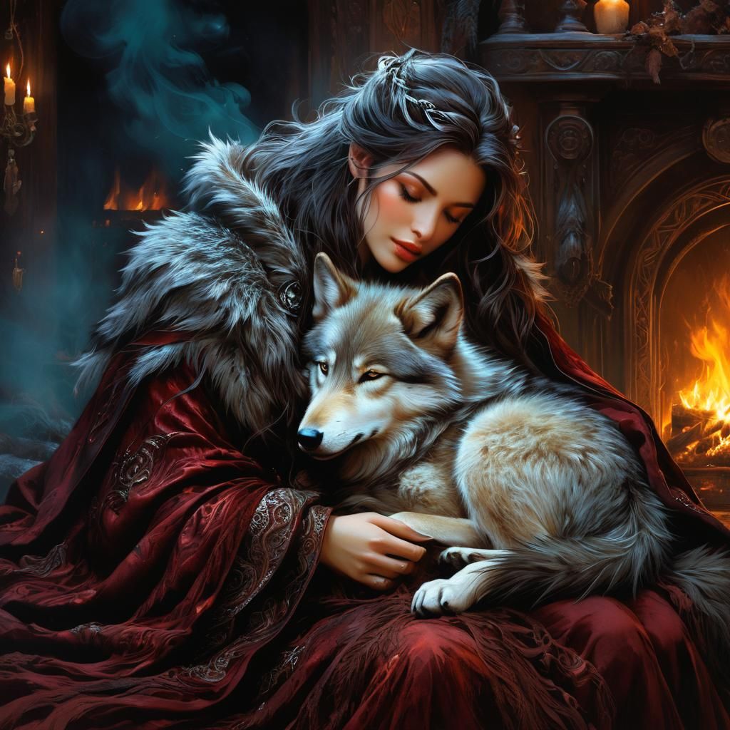Wolf Witch Cuddling Pup by Fireplace
