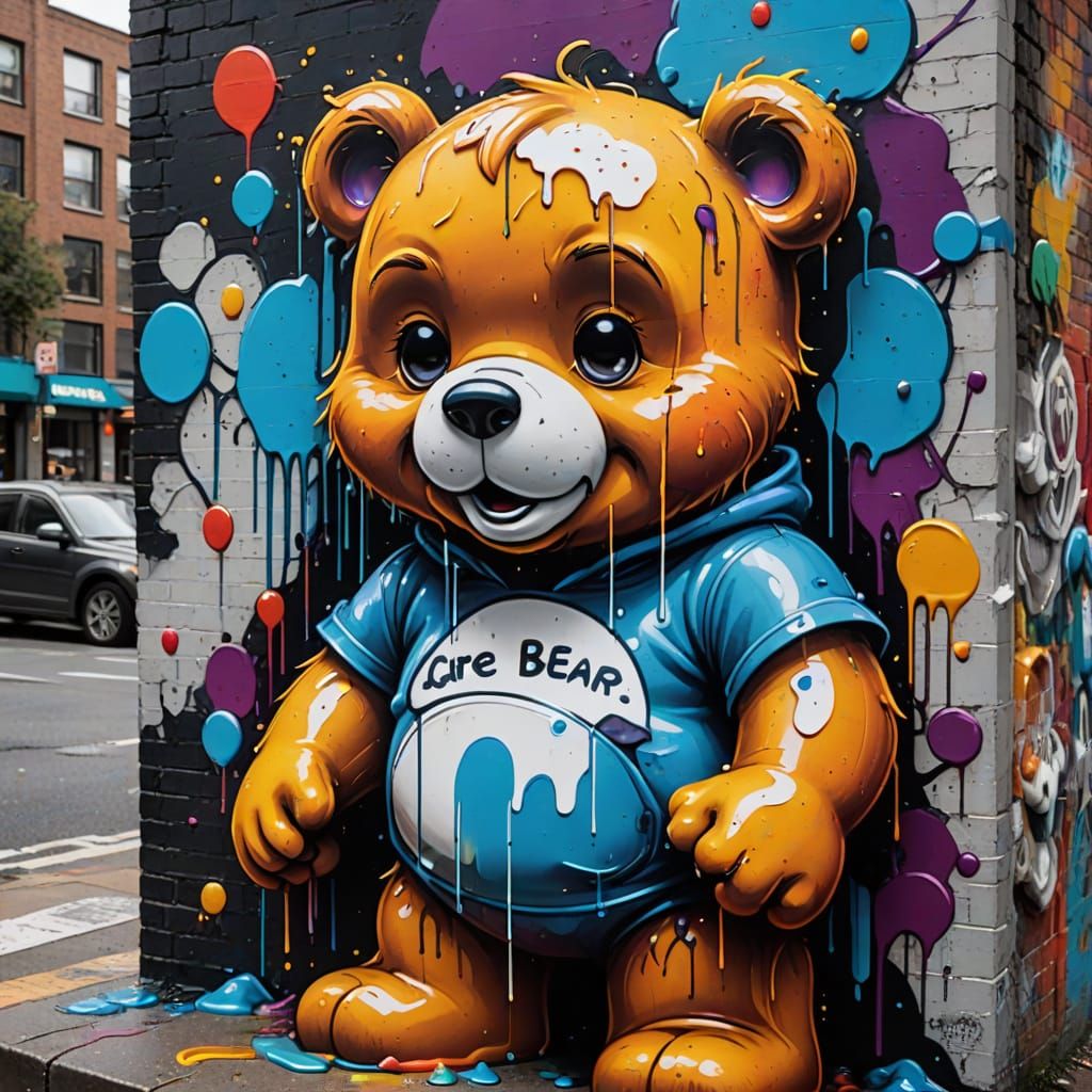 Cyberpunk Care Bear Graffiti Melts in Hyperrealistic Close-U...