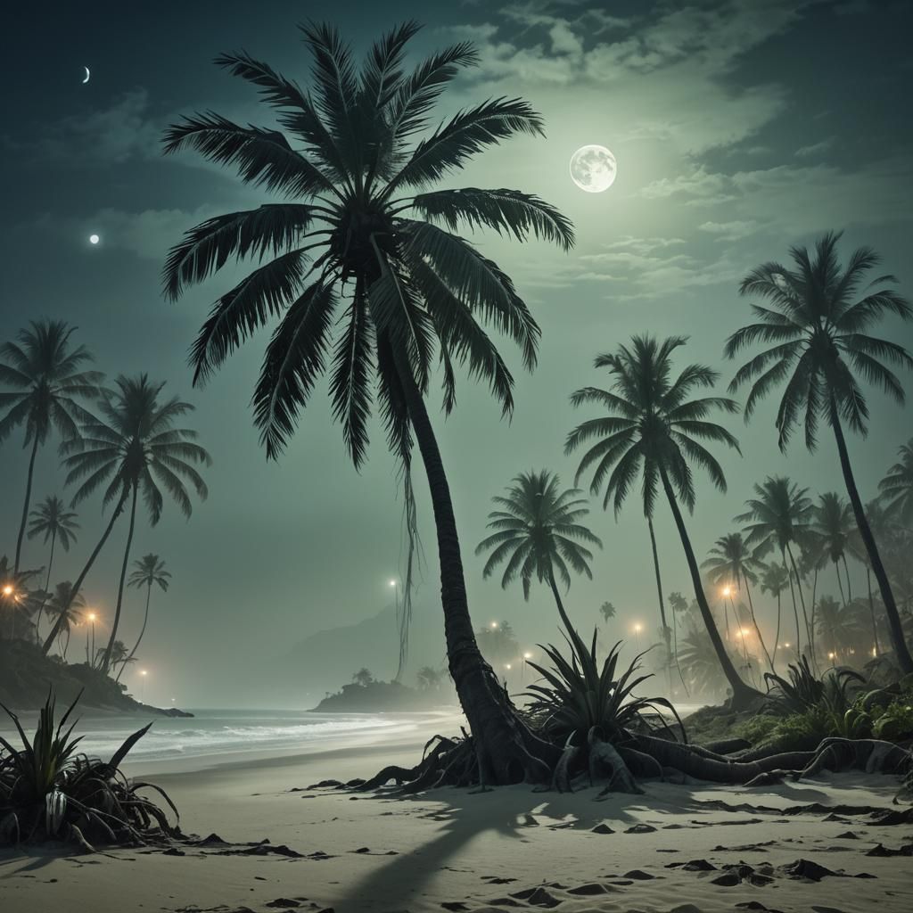 Surreal Moonlit Beach of Twisted Palms