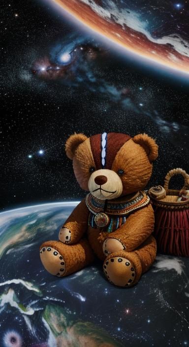 Cosmic Teddy Bear Carving Inspired by Indigenous Art