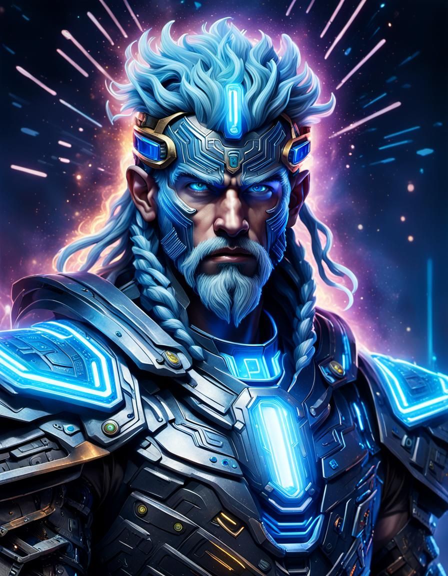 God of Thunder in Neon Armor: A Cyberpunk Zeus Portrait