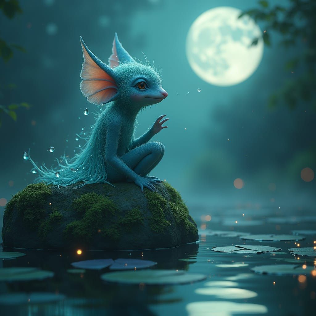 Water Goblin Serenades the Moon in a Dreamlike Realm