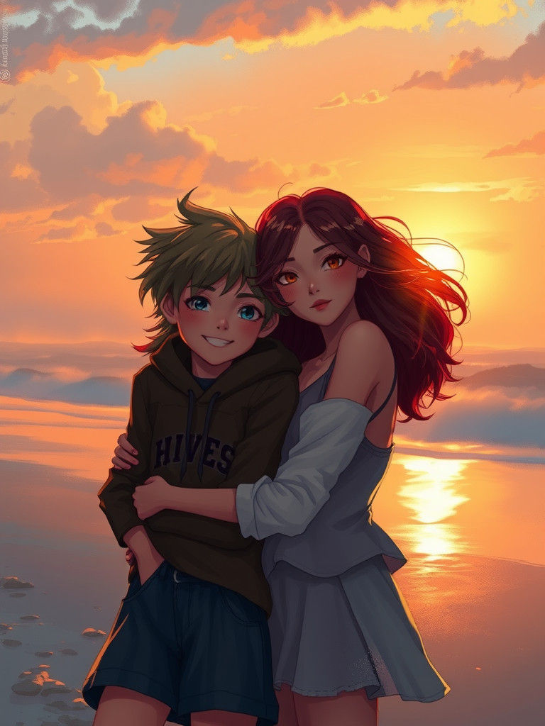 Teenage Girls Embrace on Misty Beach, Expressive Digital Art