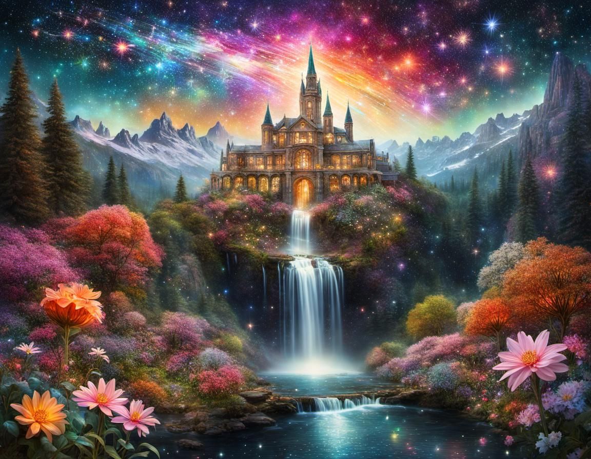 Fae castle in a whimsical fantasy landspace 💫