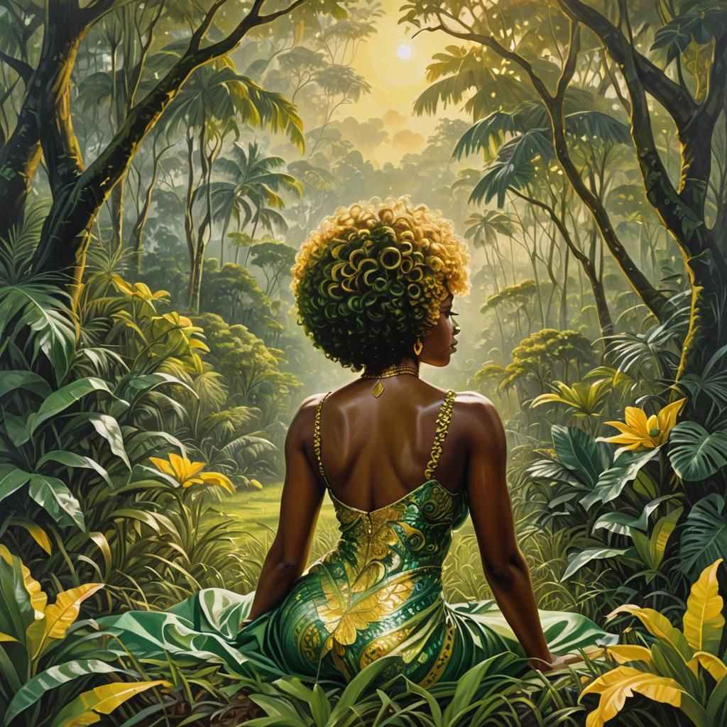Regal Woman in Jungle: Glossy Oil Painting