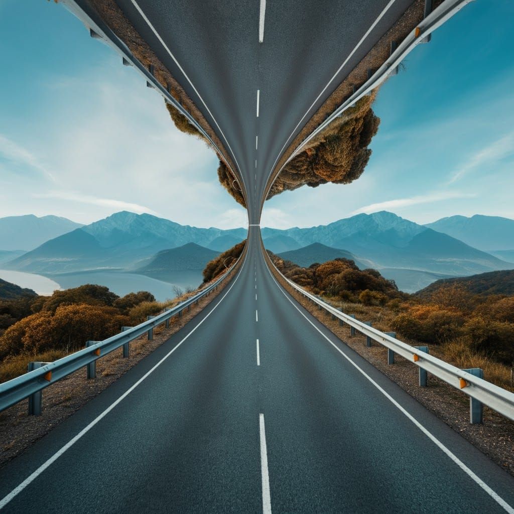 Surreal Highway Bends in Dreamlike Landscape