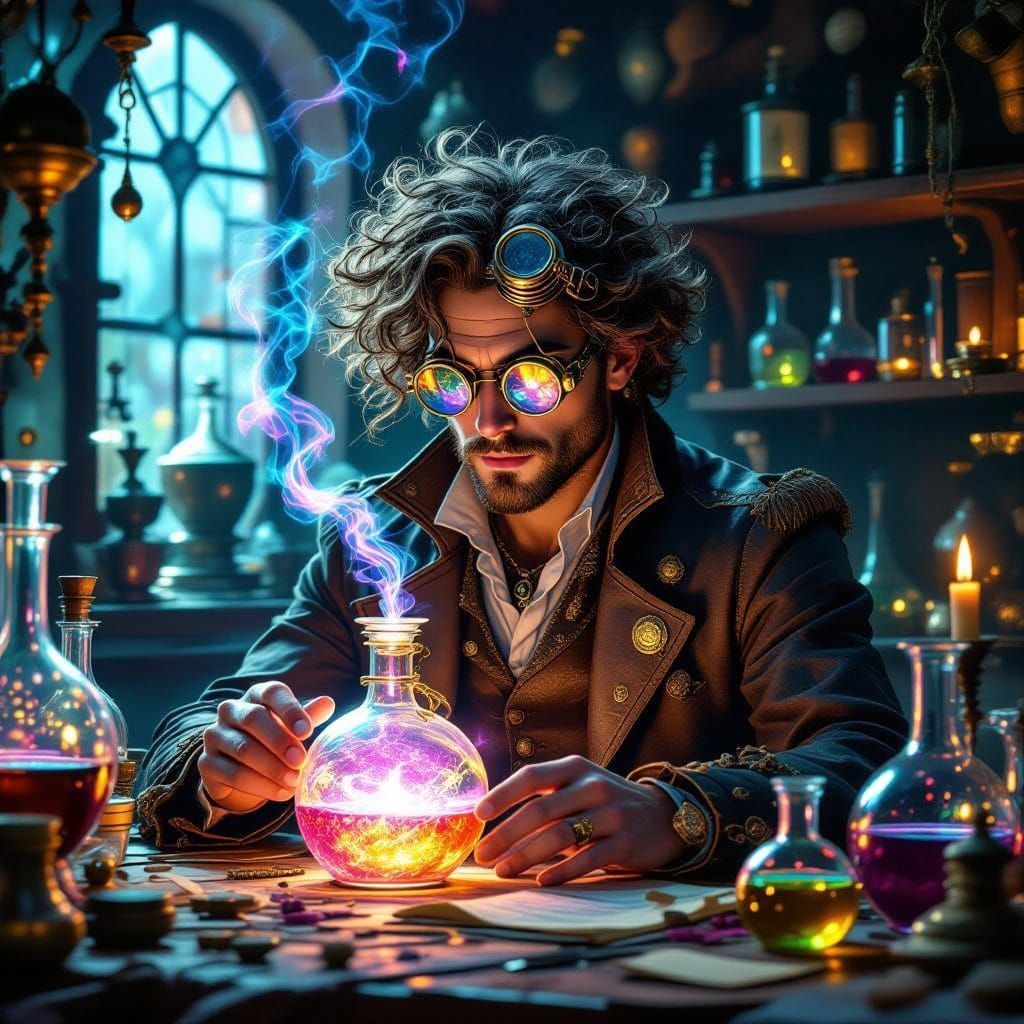 Steampunk Alchemist Brews Love Potion, Art Nouveau Style