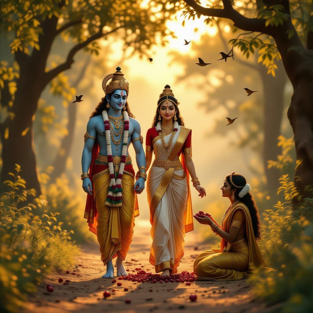 Lord Rama and Sita in Sunrise Forest Path