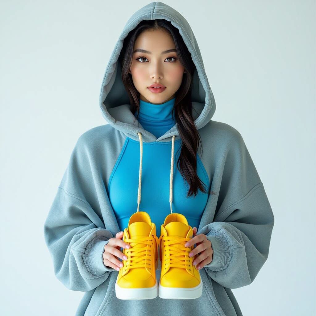 Asian Woman in Swimsuit with Sneakers: Streetwear Fashion