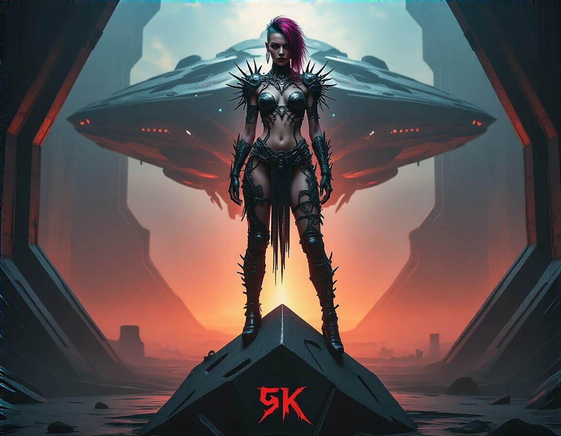 Futuristic Punk Warrior on Geometric Monolith