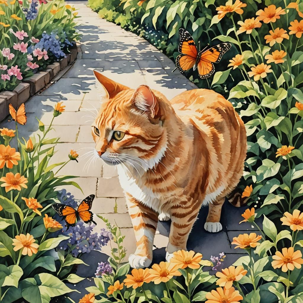 Orange Tabby Cat and Butterfly: Watercolor Garden Scene