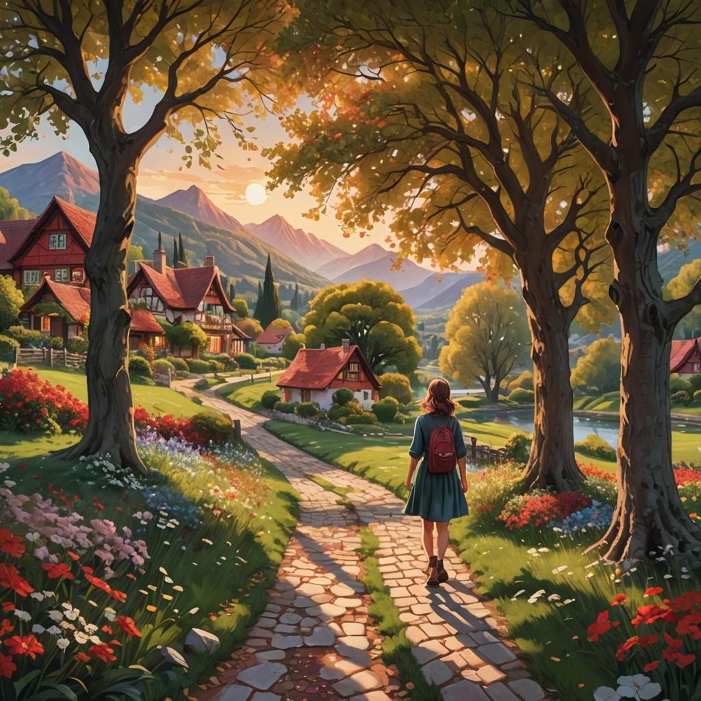 Idyllic Riverside Village Path at Sunset