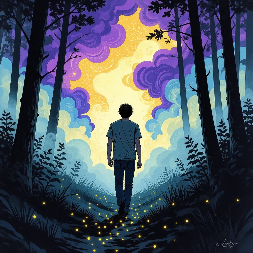 Man Follows Breadcrumbs in Misty Forest, Hergé Style