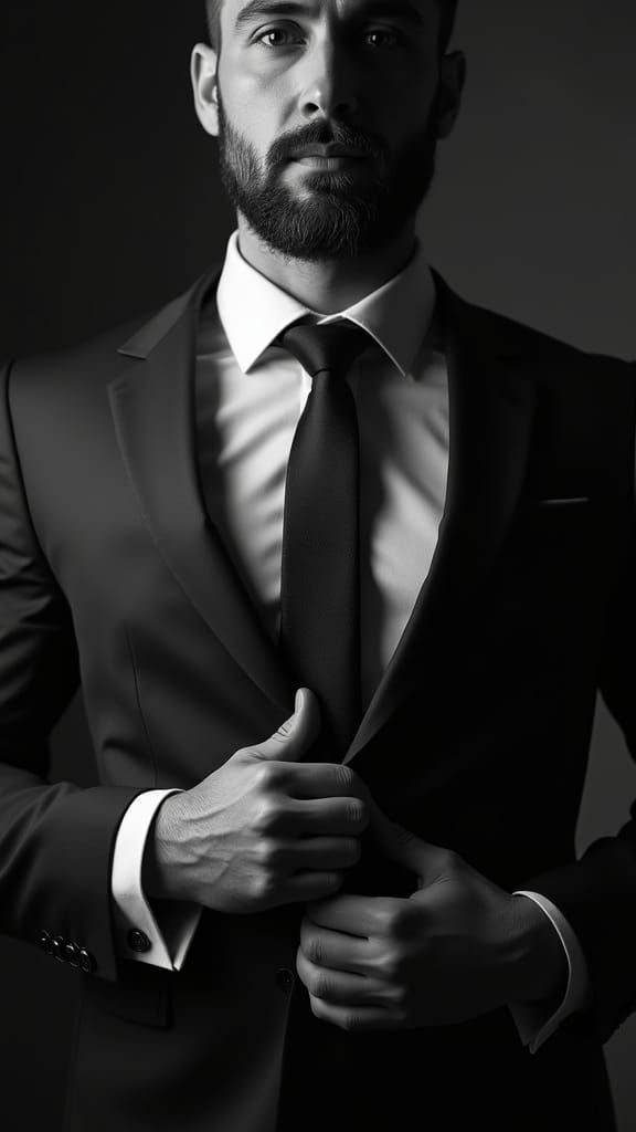 Cinematic Portrait of Elegant Man Adjusting Suit Jacket