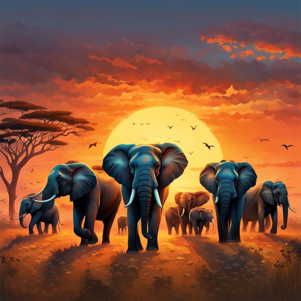 Elephants at Sunset on Savanna, Hyperrealistic Splash Art
