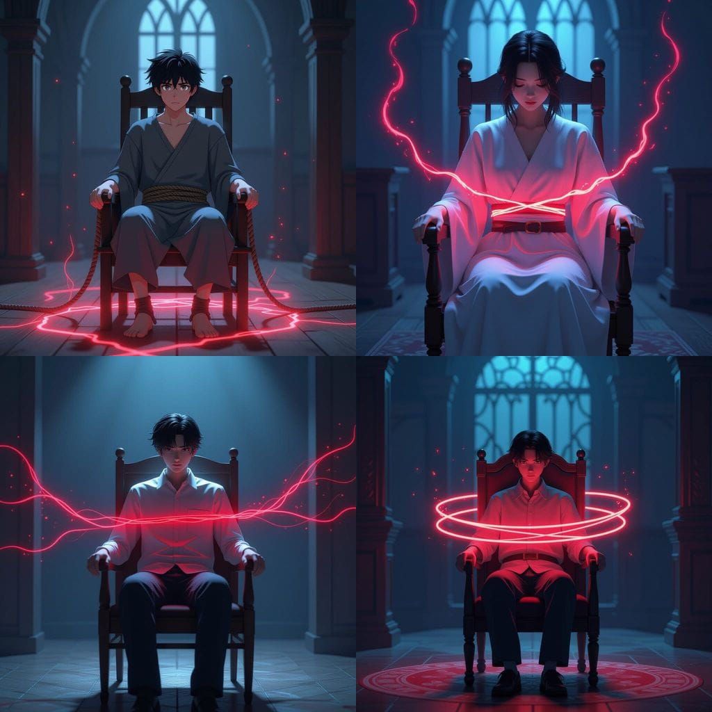 Manhwa Book Cover: Innocent Figure Bound in Dramatic Red Lig...