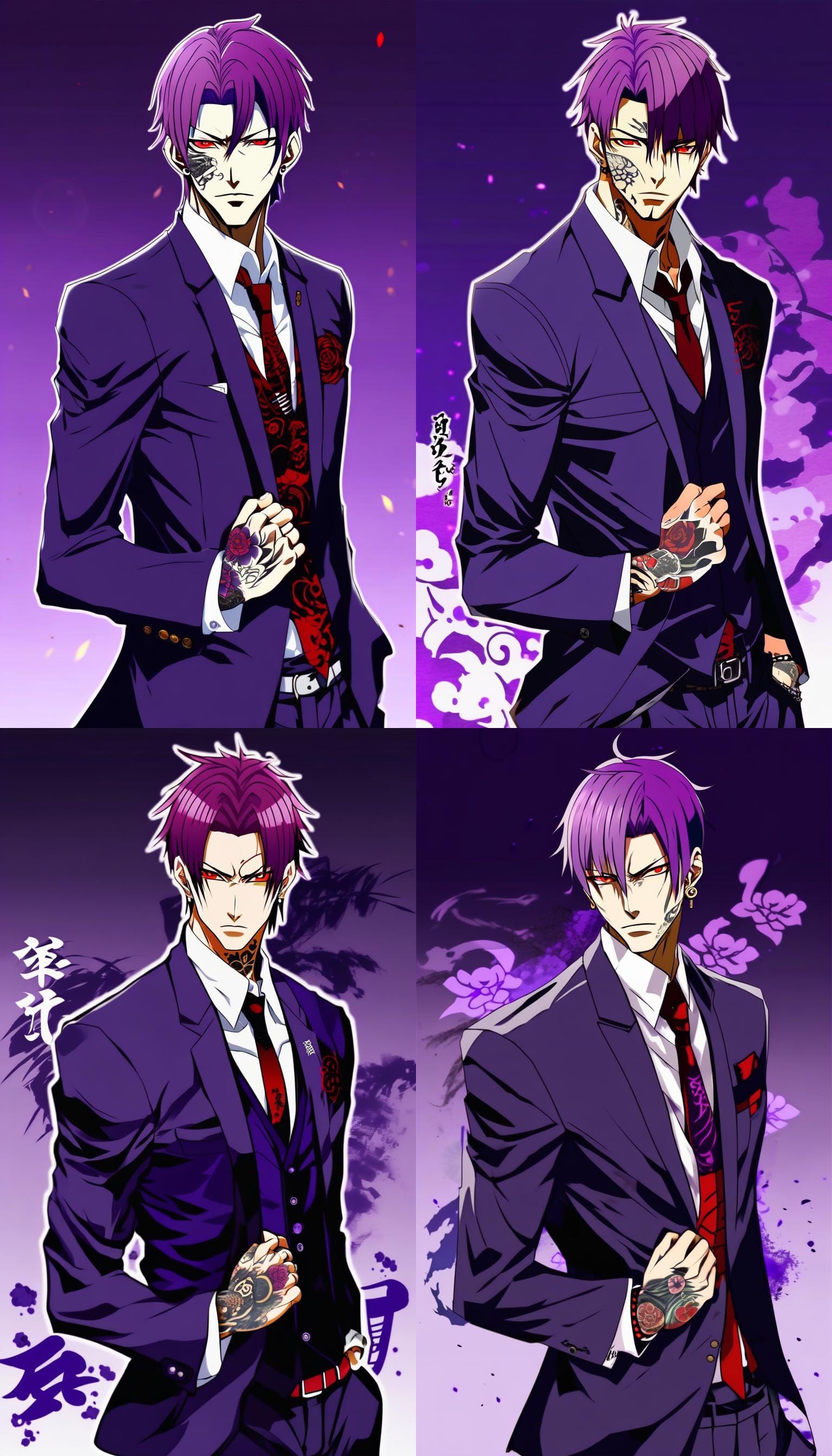 Anime male, Purple short shair, Shirtless Yakuza Anime Male, yakuza tattoos, Anime Male red eyes, red eyes, purple short...