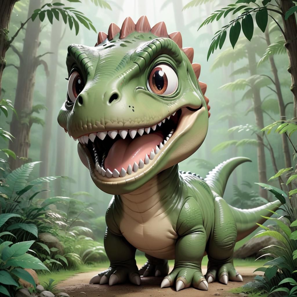 Chibi T-Rex Grinning in Ghibli Landscape