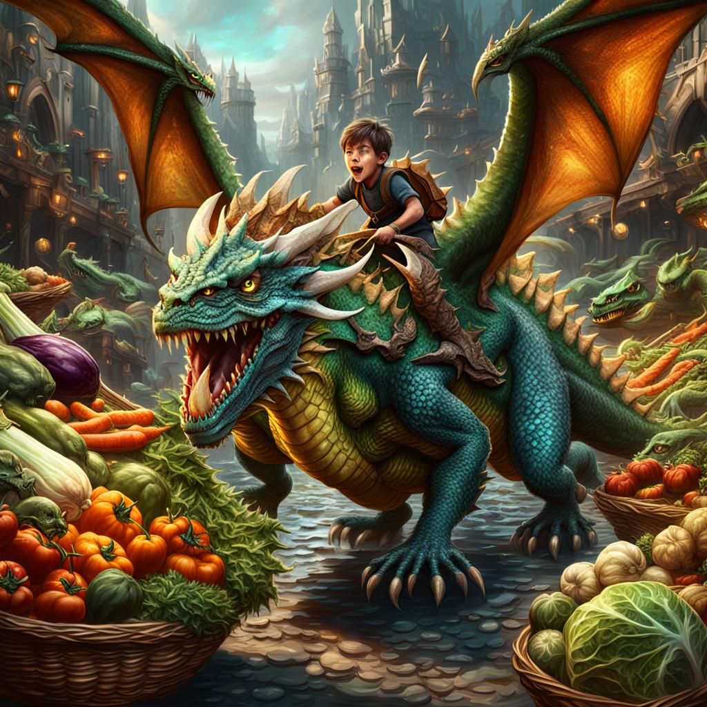 Boy on Dragon Battles Vegetables: Fantasy Concept Art