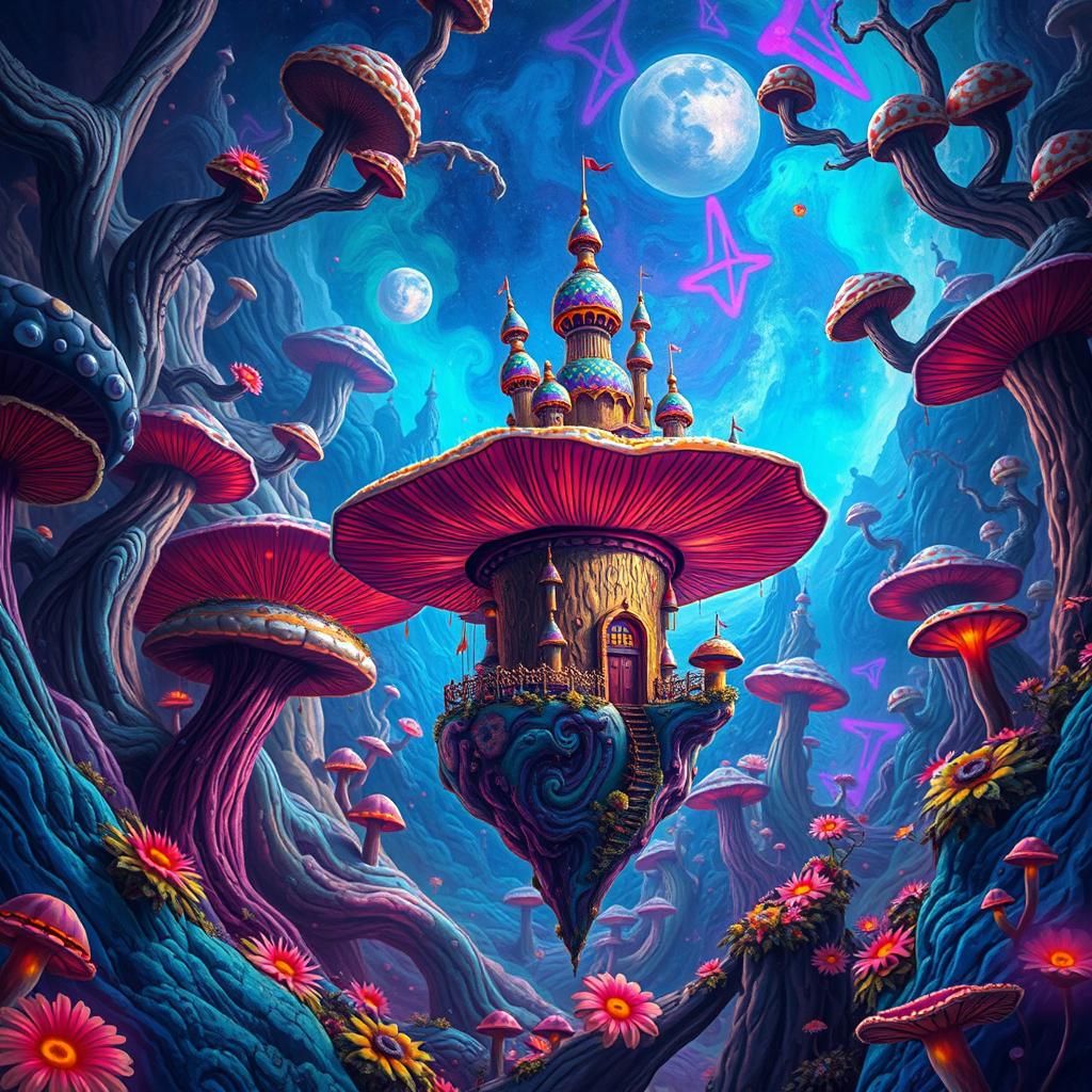 Psychedelic Mushroom Castle in a Kaleidoscopic Kingdom