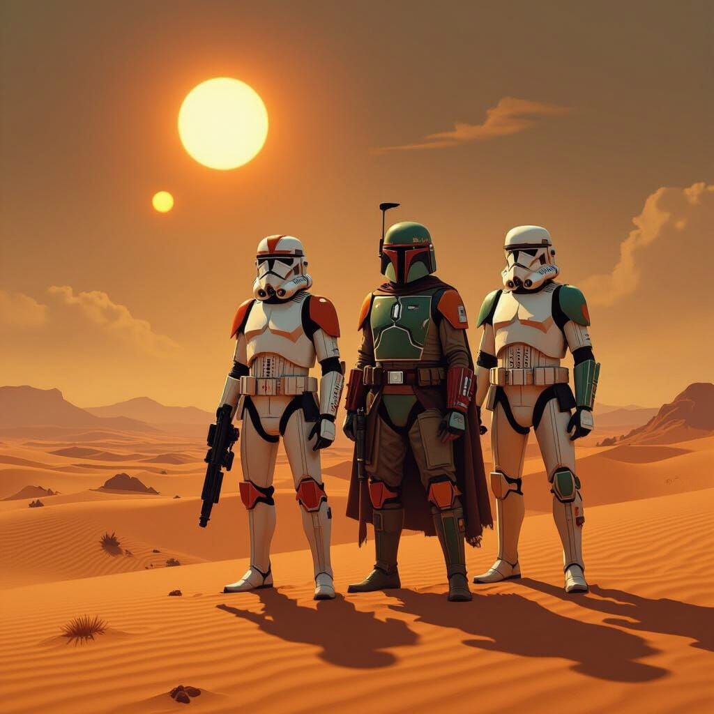 Clone Troopers and Boba Fett on Tatooine