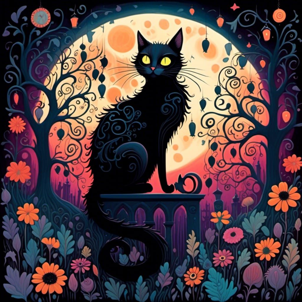 Gothic Whimsical Cat Silhouette in Dark Fantasy Scene