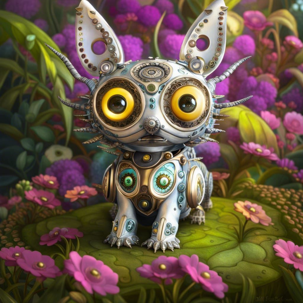 Steampunk Alien Pet in a Surreal Garden