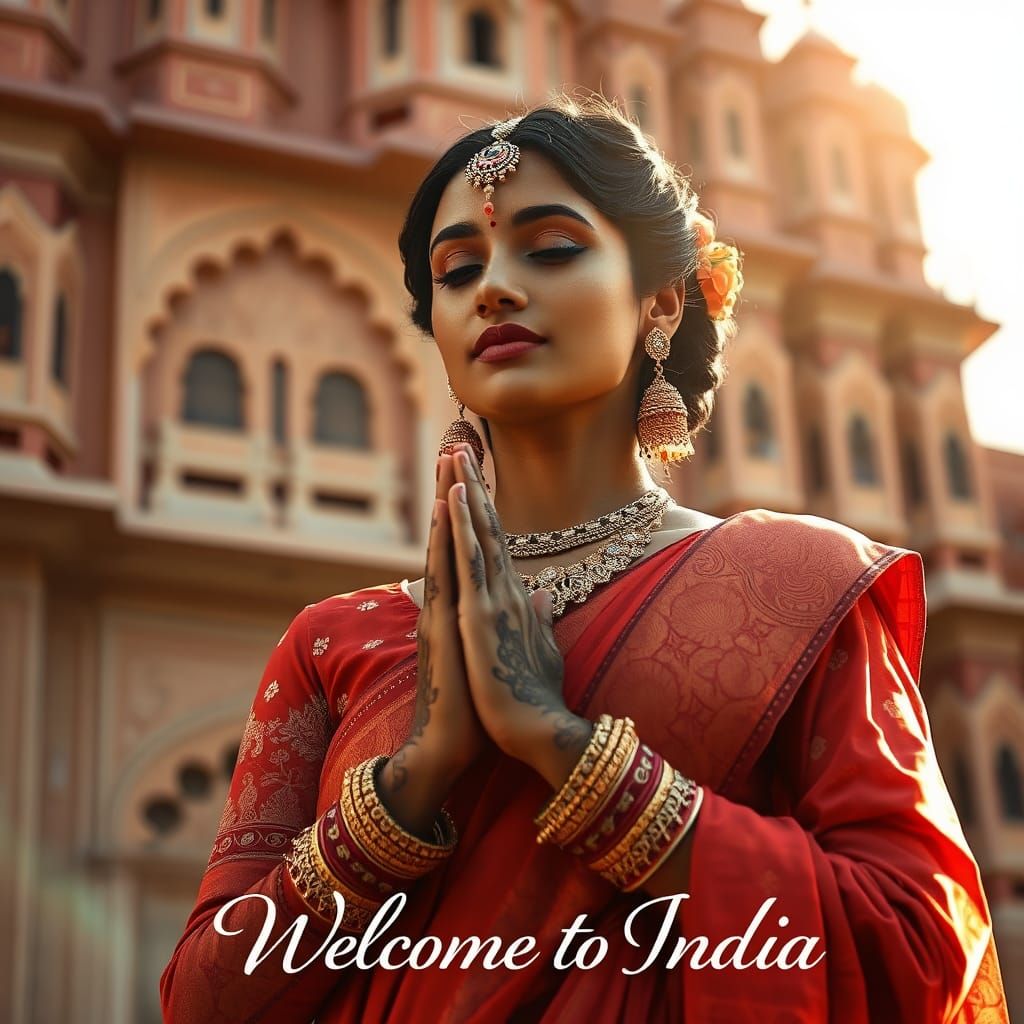 Indian Woman at Hawa Mahal in Art Nouveau Style