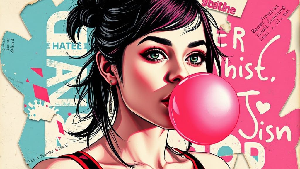 Vibrant Pop Art Portrait of a Young Woman Blowing Bubblegum ...