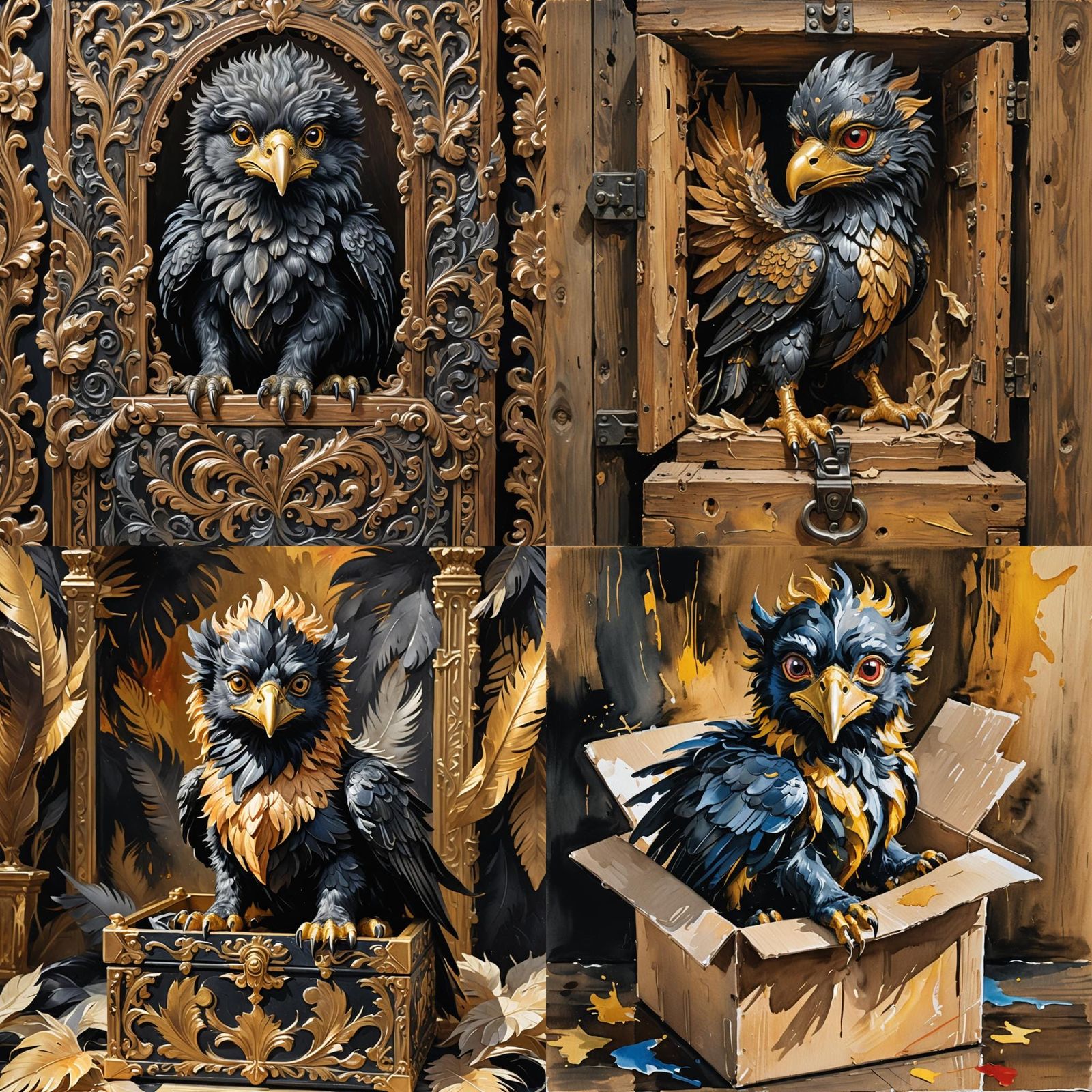 Baby Griffin in Box: Gouache Watercolor Impression