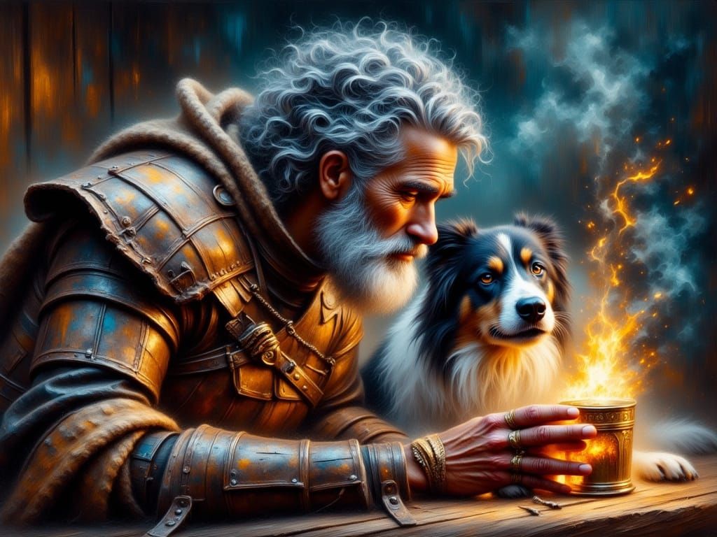 Grunge Fantasy Warrior Surrounded by Warm Golden Tones