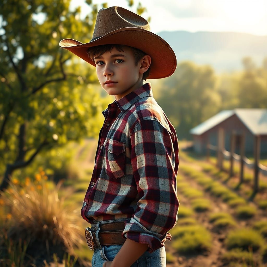 European Cowboy Boy in Hyperrealistic Farm Scene