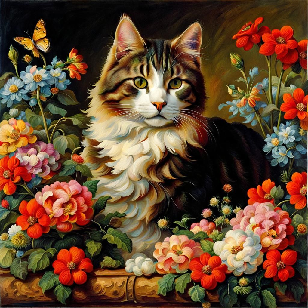 Cat on Pillow Surrounded by Flowers in Romantic Style