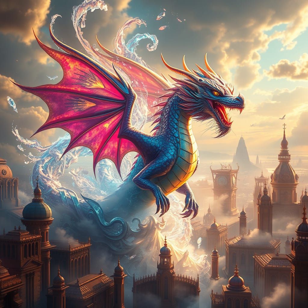 Ethereal Dragon Unleashed Amidst Golden Metropolis